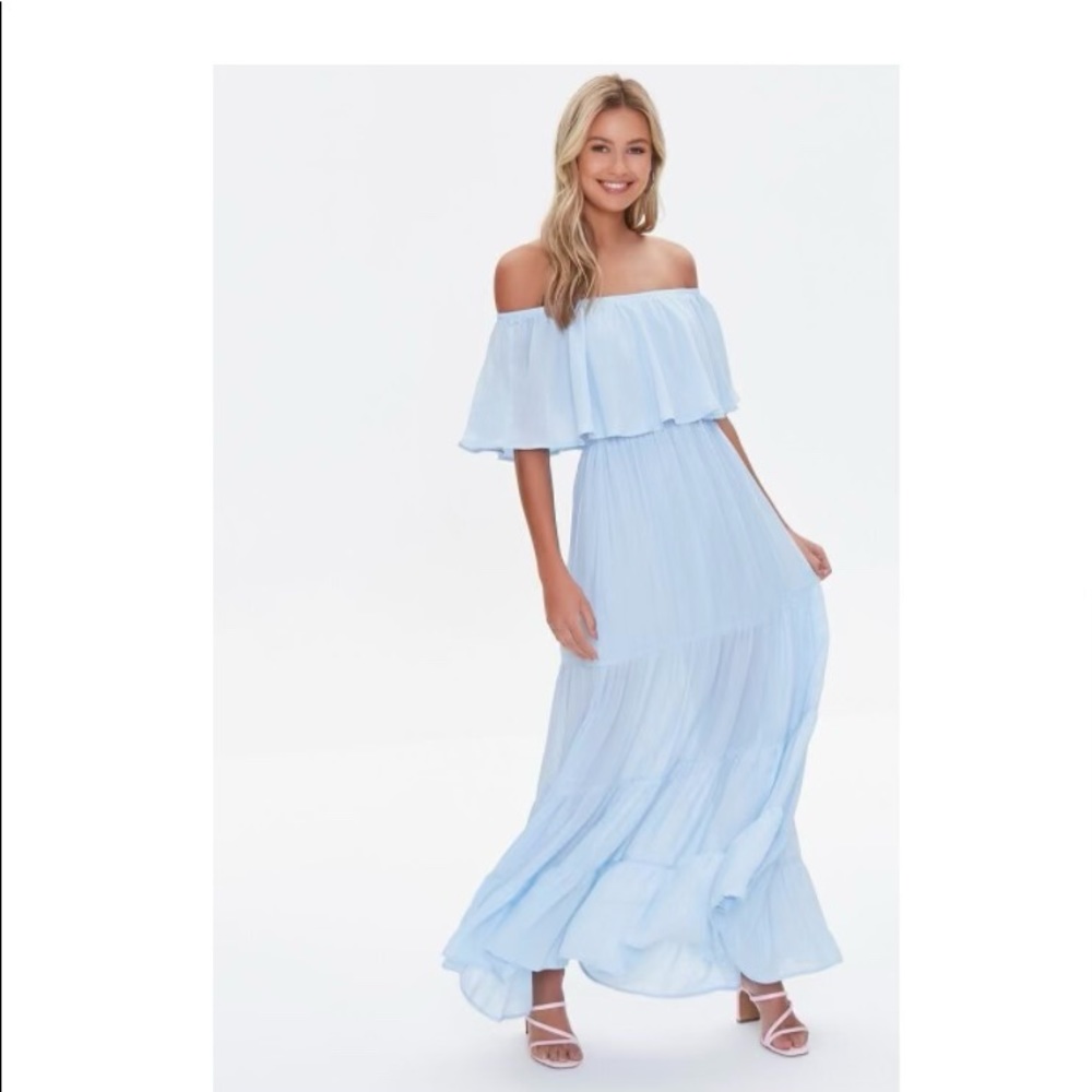 Forever 21 Ruffle Off-The-Shoulder Maxi Dress Light Blue Summer Dress Size Small